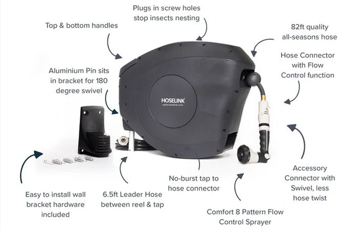 A product diagram for the Hoselink retractable garden hose reel.