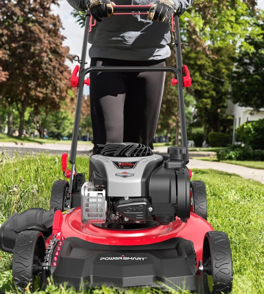 A person operating a self-propelled lawn mower in a suburban neighborhood.