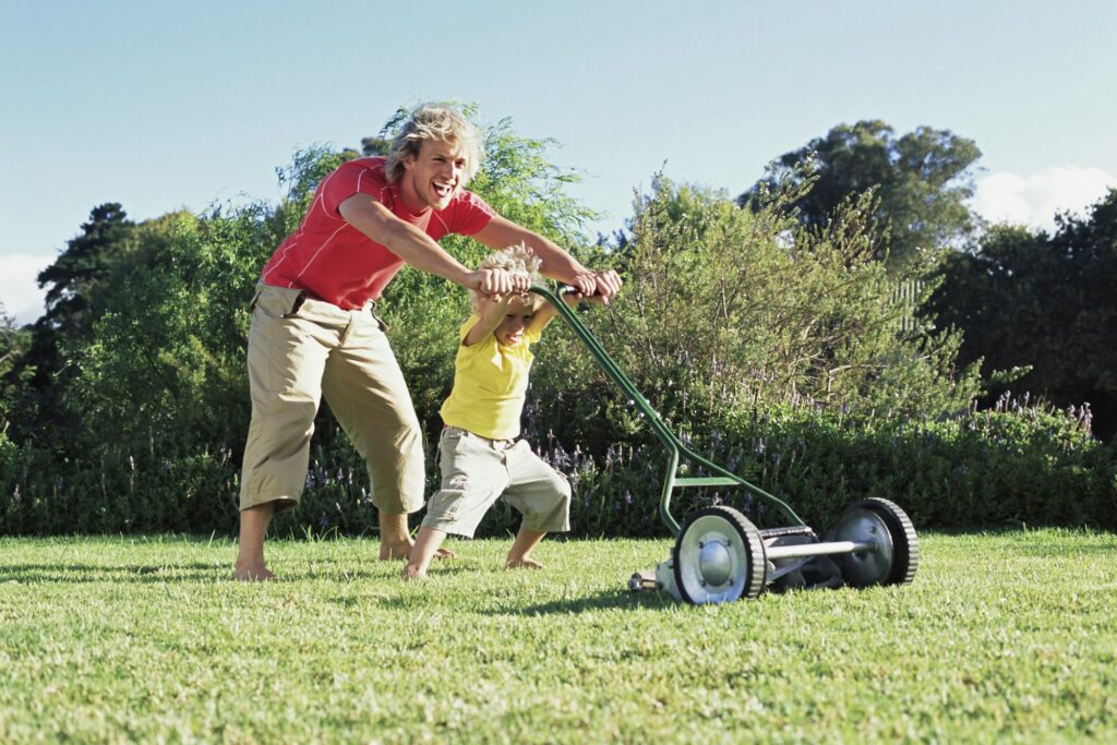 reel mower mowing the lawn