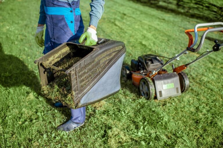 Gardener working with lawn mower on the backyard