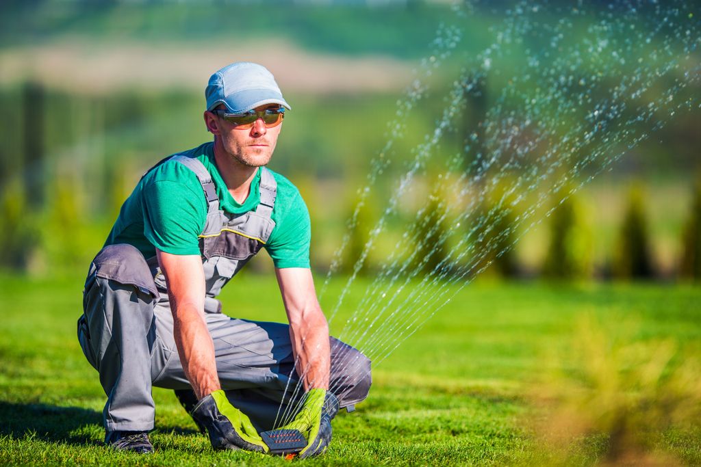 A professional ensures the automated lawn irrigation is working effectively to water the lawn.