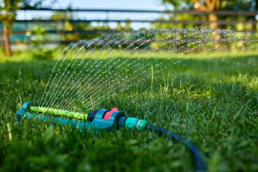 oscillating garden sprinkler spraying water