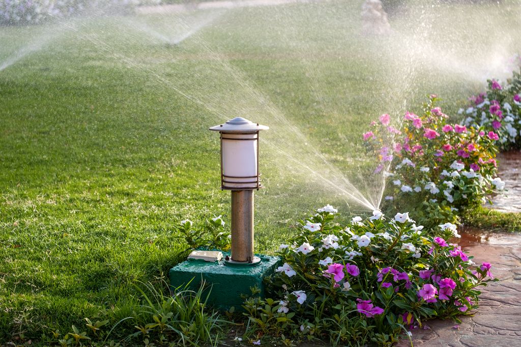 A sprinkler system is watering a grassy lawn and a flower bed.