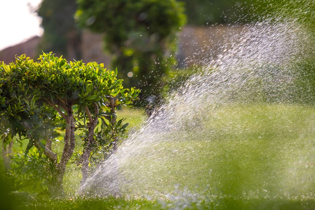 A garden sprinkler is watering a green lawn.