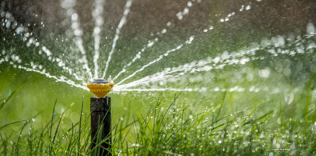 A garden sprinkler in action, watering a grassy lawn.